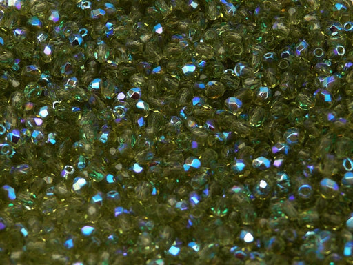 100 St. Fire Polished facettierte Glasperlen rund 3mm, Olivine AB, Tschechisches Glas