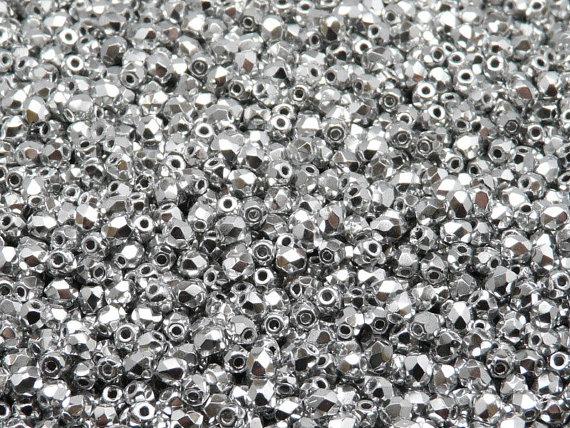 100 St. Fire Polished facettierte Glasperlen rund 3mm, Kristall, Labrador voll (Silber metallic), Tschechisches Glas