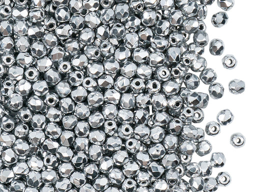 1 St. Fire Polished Glasperlen Set rund 3mm, 4mm, 6mm, 8mm, Kristall, Labrador voll (Silber metallic), Tschechisches Glas