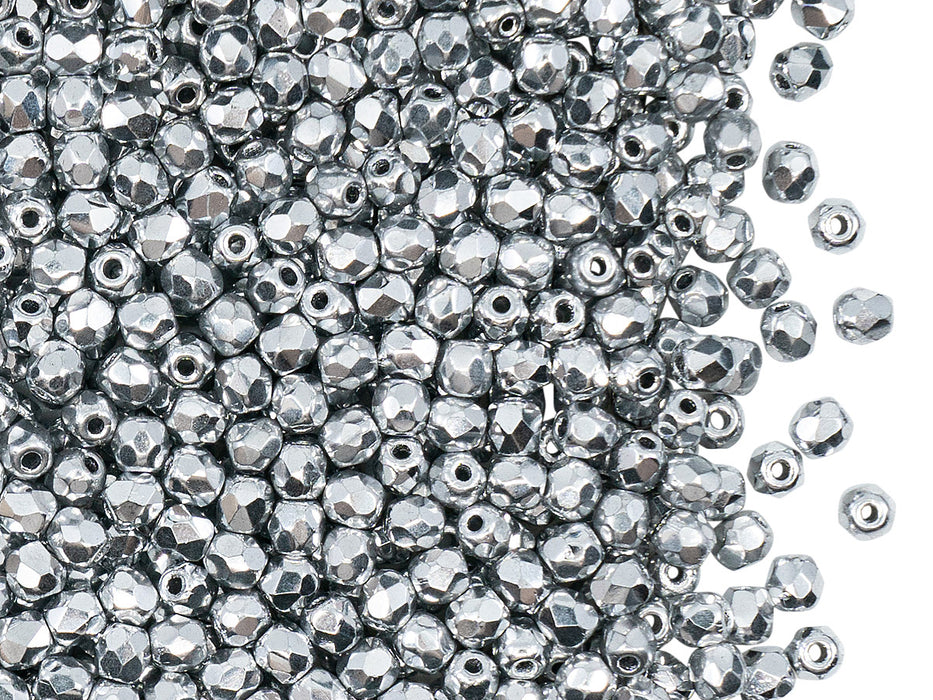 100 St. Fire Polished facettierte Glasperlen rund 3mm, Kristall, Labrador voll (Silber metallic), Tschechisches Glas