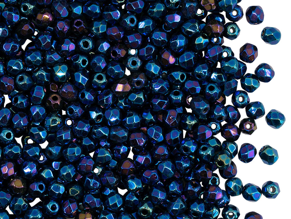 100 St. Fire Polished facettierte Glasperlen rund 3mm, Blue irisierend, Tschechisches Glas