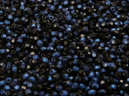100 St. Fire Polished facettierte Glasperlen rund 3mm, Jet Rutil Blau, Tschechisches Glas