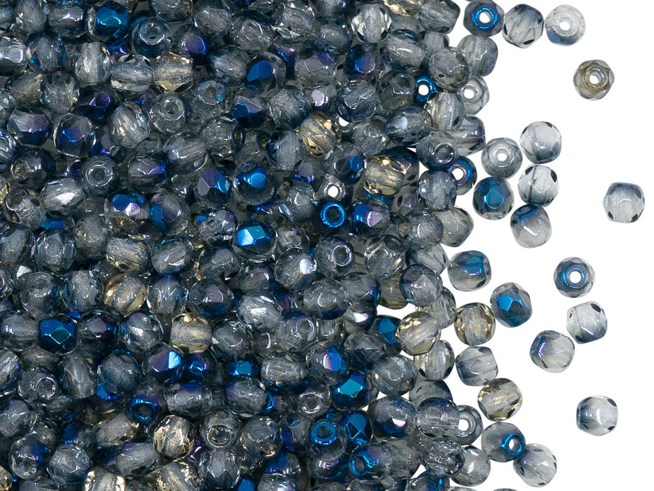 100 St. Fire Polished facettierte Glasperlen rund 3mm, Kristall, Azuro Blau glänzend, Tschechisches Glas