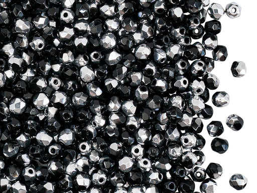 100 St. Fire Polished facettierte Glasperlen rund 3mm, Labrador Schwarz, Tschechisches Glas
