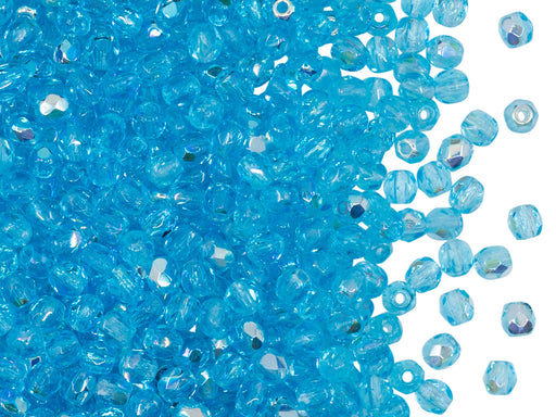100 St. Fire Polished facettierte Glasperlen rund 3mm, Aquamarin AB, Tschechisches Glas