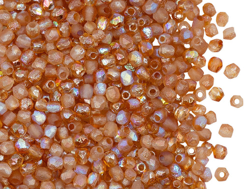 100 St. Fire Polished facettierte Glasperlen Rund 3mm, Kristall, geätzt, orange schimmernd, Tschechisches Glas