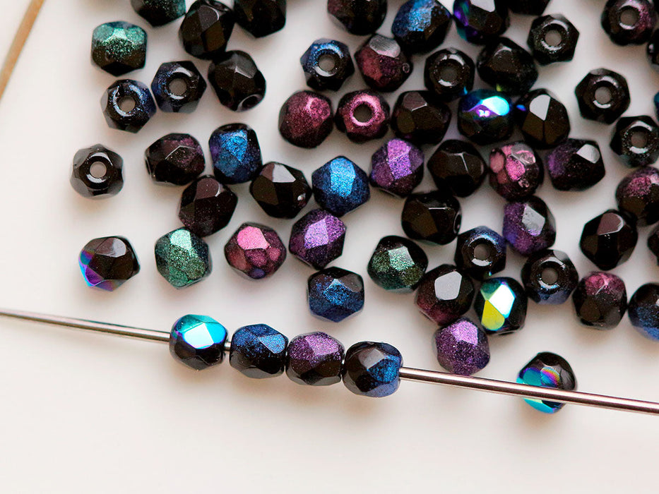 25 g (ca. 620 Stück) Mischung aus Tschechische Facettierten Glasperlen Fire-Polished Rund 3 mm, 5 Farben Elegantes Schwarz, Tschechisches Glas (Mix of Faceted Fire Polished Beads)