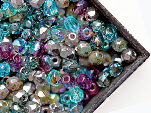 25 g (ca. 620 Stück) Mischung aus Tschechische Facettierten Glasperlen Fire-Polished Rund 3 mm, 5 Farben Meeresbrise, Tschechisches Glas (Mix of Faceted Fire Polished Beads)