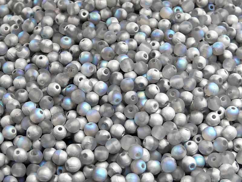 100 St. Gepresste Perlen rund 3mm, Kristall matt Silber schimmernd, Tschechisches Glas