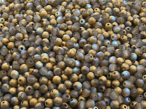 100 St. Gepresste Perlen rund 3mm, Kristall matt Gold schimmernd, Tschechisches Glas