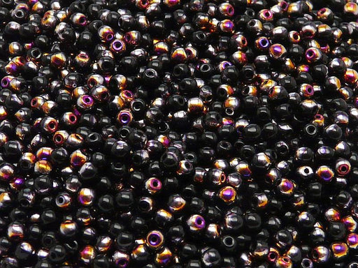 100 St. Runde Gepresste Perlen 3mm, Böhmisches Glas, Jet Schwarz Half Sliperit