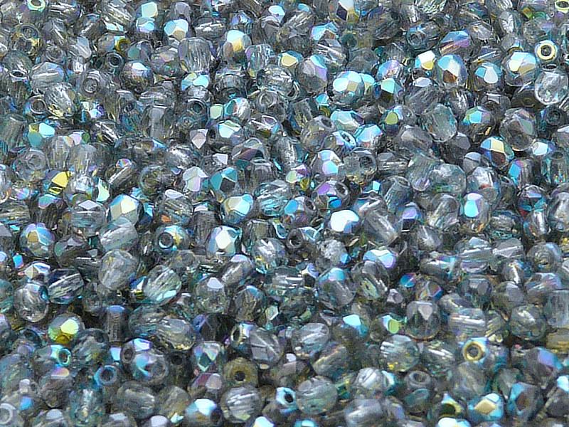 100 St. Fire Polished facettierte Glasperlen rund 3mm, Kristall, blau schimmernd, Tschechisches Glas