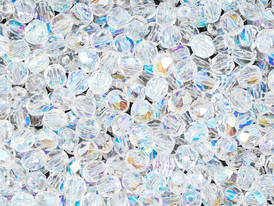 100 St. Fire Polished facettierte Glasperlen rund 4mm, Kristall, AB, Tschechisches Glas