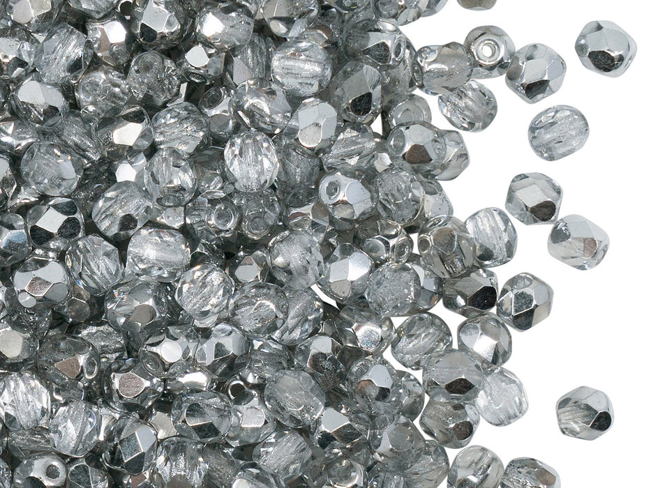 100 St. Fire Polished facettierte Glasperlen rund 4mm, Kristall, Labrador (Kristal Silber), Tschechisches Glas