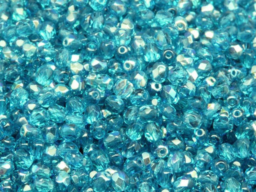 100 St. Fire Polished facettierte Glasperlen rund 4mm, Aquamarin AB, Tschechisches Glas