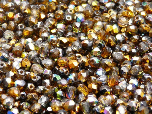100 St. Fire Polished facettierte Perlen rund 4mm, Magic Orange-Grau, Tschechisches Glas