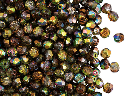 100 St. Fire Polished facettierte Glasperlen rund 4mm, Magic Gelb-Braun, Tschechisches Glas