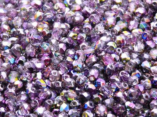 100 St. Fire Polished facettierte Glasperlen rund 4mm, Magic Violett-Grau, Tschechisches Glas