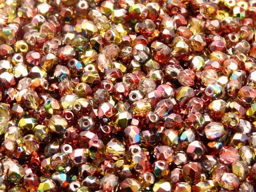 100 St. Fire Polished facettierte Glasperlen rund 4mm, Magic Rot-Gelb, Tschechisches Glas