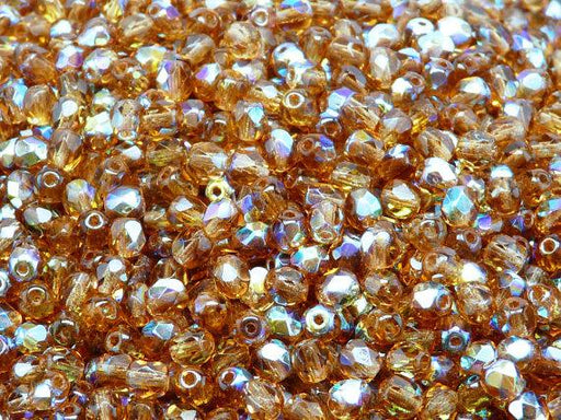 100 St. Fire Polished facettierte Glasperlen rund 4mm, Topas dunkel, AB, Tschechisches Glas