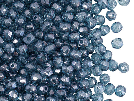 100 St. Fire Polished facettierte Glasperlen rund 4mm, Kristall, Blau Luster, Tschechisches Glas