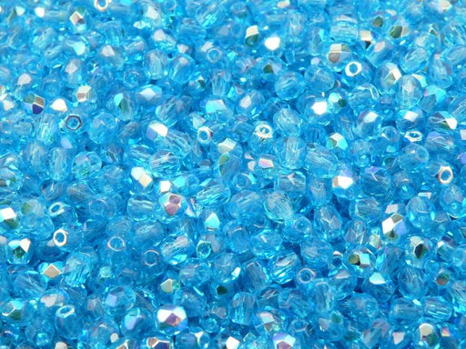 100 St. Fire Polished facettierte Glasperlen rund 4mm, Aquamarin Blau AB, Tschechisches Glas