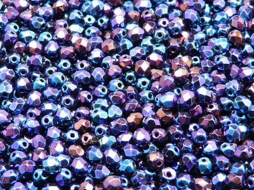 100 St. Fire Polished facettierte Glasperlen rund 4mm, Jet irisierend Blau, Tschechisches Glas