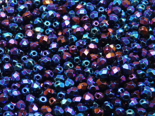 100 St. Fire Polished facettierte Glasperlen rund 4mm, Jet irisierend Blau, Tschechisches Glas