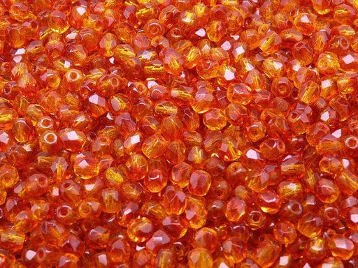 100 St. Fire Polished facettierte Glasperlen rund 4mm, Kristall, Orange Rot, Tschechisches Glas