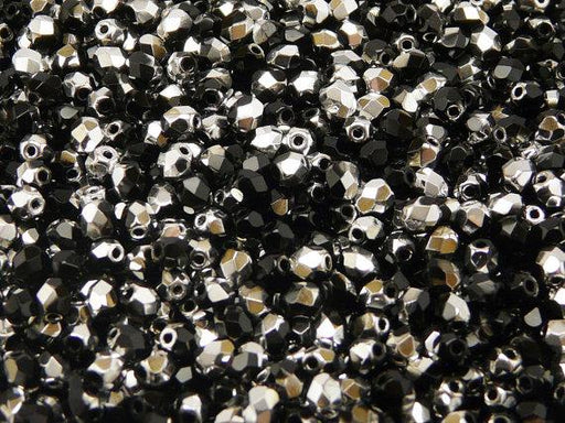 100 St. Fire Polished facettierte Glasperlen rund 4mm, Jet Labrador (Jet Silber), Tschechisches Glas