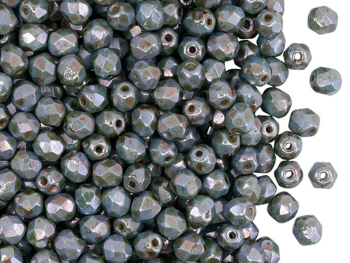 100 St. Fire Polished facettierte Glasperlen rund 4mm, Weiße Kreide, Glasur Blau, Tschechisches Glas