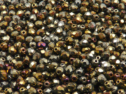 100 St. Fire Polished facettierte Glasperlen rund 4mm, Jet Bronze irisierend, Tschechisches Glas