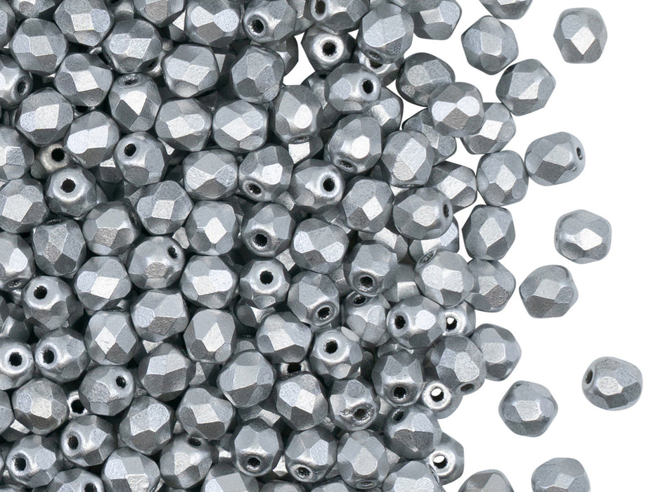 100 St. Fire Polished facettierte Glasperlen rund 4mm, Silber matt (Kristall Aluminium), Tschechisches Glas