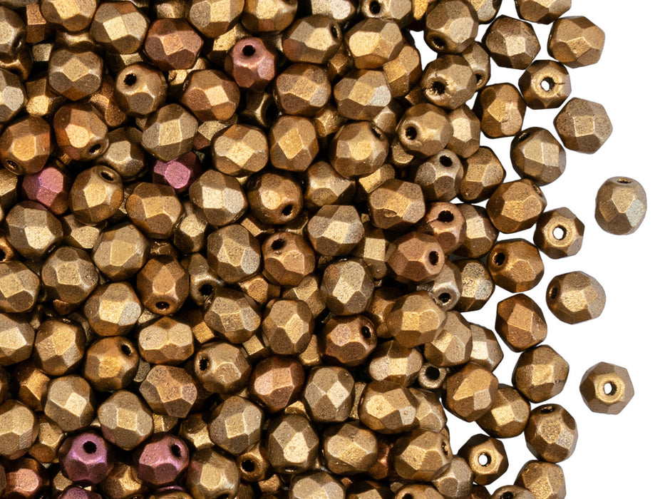 100 St. Fire Polished facettierte Glasperlen rund 4mm, Seidig Gold irisierend matt, Tschechisches Glas