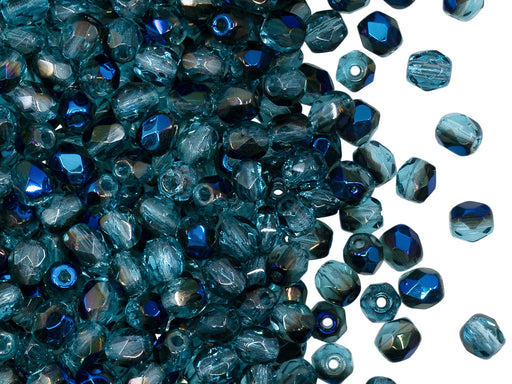 100 St. Fire Polished facettierte Glasperlen rund 4 mm, Aquamarine Azuro, Tschechisches Glas