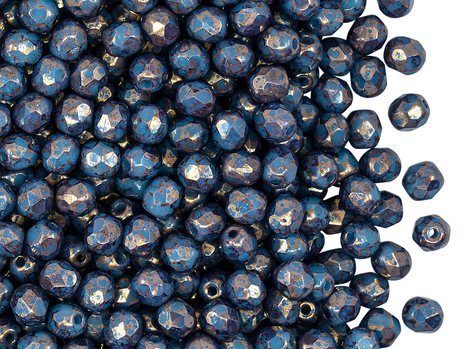 100 pcs Fire Polished facettierte Glasperlen rund 4 mm, Opak Blau Türkis Bronze, Tschechisches Glas (Fire Polished Beads)