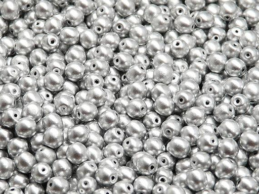100 St. Runde Gepresste Perlen 4mm, Böhmisches Glas, Seidige Silber (Kristall Aluminium)
