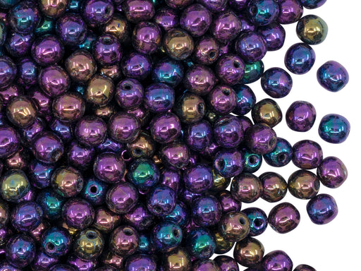 100 pcs Runde Perlen 4 mm, Jet Violett irisierend, Tschechisches Glas (Round Beads)