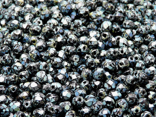 100 St. Fire Polished facettierte Glasperlen rund 4mm, Travertin Schwarz, Tschechisches Glas