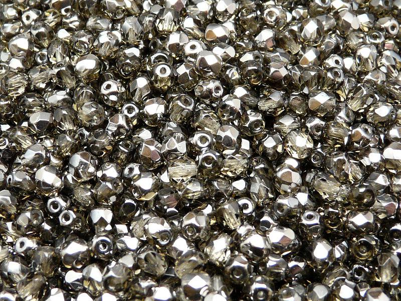 100 St. Fire Polished facettierte Glasperlen rund 4mm, Schwarz Diamant Chrom, Tschechisches Glas