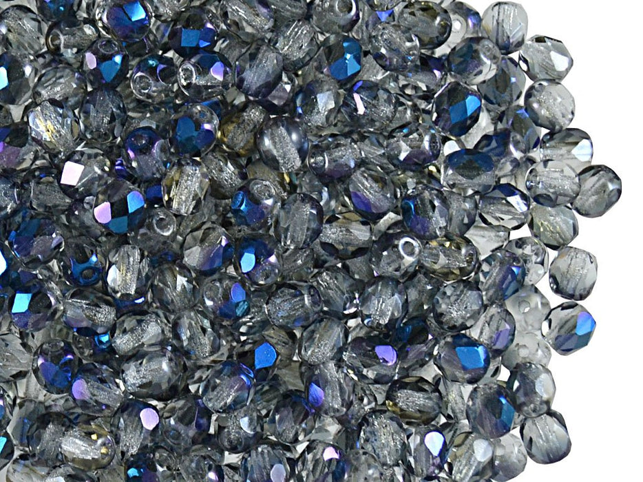 100 St. Fire Polished facettierte Glasperlen rund 4mm, Kristall, blau leuchtend, Tschechisches Glas