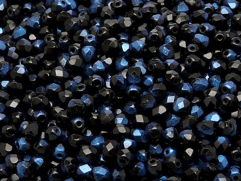 100 St. Fire Polished facettierte Glasperlen rund 4mm, Jet Rutil Blau, Tschechisches Glas