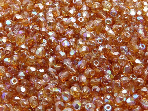 100 St. Fire Polished facettierte Glasperlen rund 4mm, Kristall, orange schimmernd, Tschechisches Glas