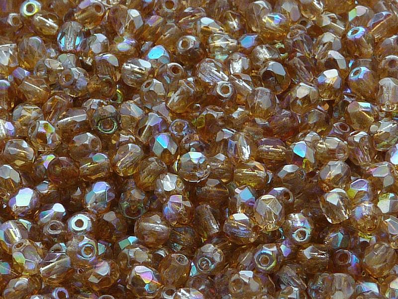 100 St. Fire Polished facettierte Glasperlen rund 4mm, Kristall, braun schimmernd, Tschechisches Glas