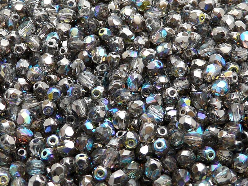 100 St. Fire Polished facettierte Glasperlen rund 4mm, Kristall, Graphit schimmernd, Tschechisches Glas