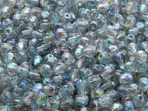 100 St. Fire Polished facettierte Glasperlen rund 4mm, Kristall, blau schimmernd, Tschechisches Glas