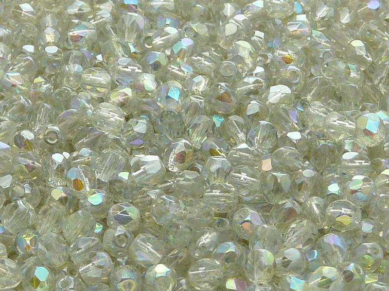 100 St. Fire Polished facettierte Glasperlen rund 4mm, Kristall, grün schimmernd, Tschechisches Glas