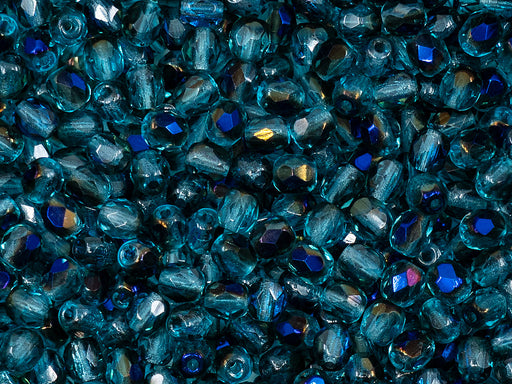 100 St. Fire Polished facettierte Glasperlen rund 4 mm, Aquamarine Azuro, Tschechisches Glas