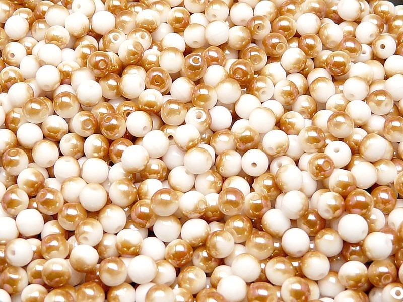 100 St. Runde Gepresste Perlen 4mm, Böhmisches Glas, Weiße Kreide Halbe Aprikose