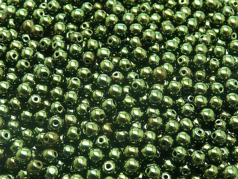 100 St. Runde Gepresste Perlen 4mm, Böhmisches Glas, Dunkelgrün Metallic